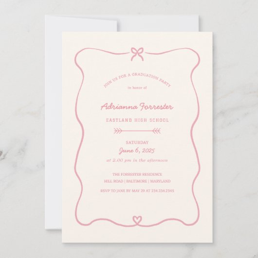 Schattige Bow Heart Girly Pink Afstudeerfeest Kaart (Voorkant)