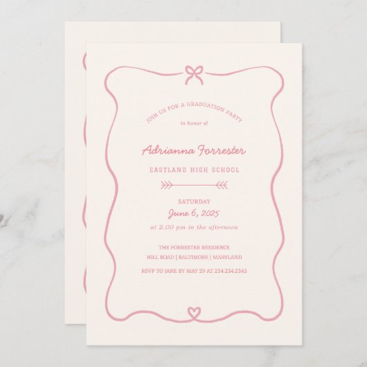 Schattige Bow Heart Girly Pink Afstudeerfeest Kaart (Voorkant / Achterkant)