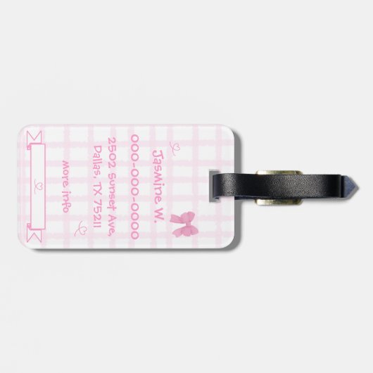 Schattige Bow Pastel Pink Gingham Bagagelabel (Achterkant horizontaal)
