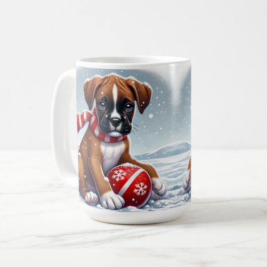 Schattige Boxer Puppy in het besneeuwde landschap Koffiemok (Voorkant links)