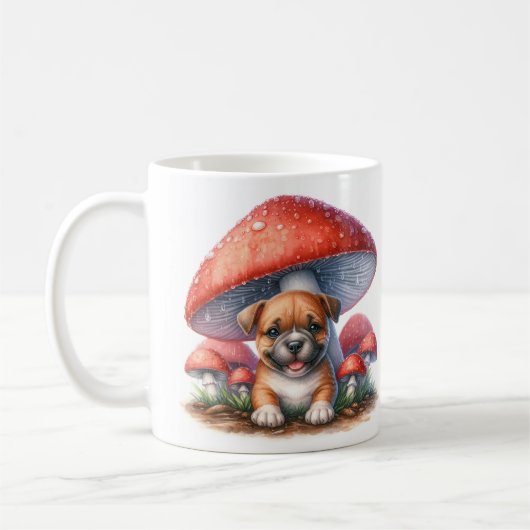 Schattige Boxer Puppy onder Mushroom Paraplu Koffiemok (Links)