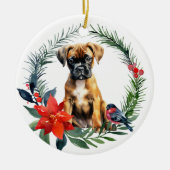 Schattige Boxer Puppy Waterverf Poinsettia Keramisch Ornament (Voorkant)