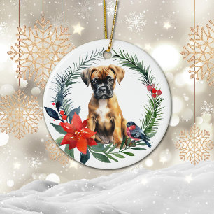 Schattige Boxer Puppy Waterverf Poinsettia Keramisch Ornament