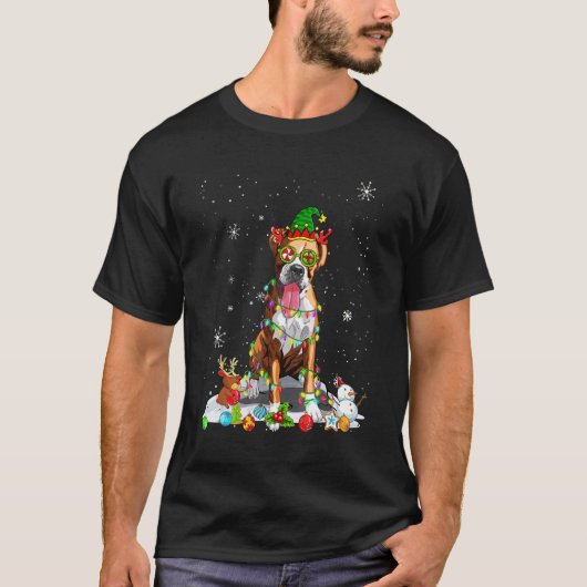 Schattige Boxerhond Elf Mut Kerstverlichting Kerst T-shirt (Voorkant)