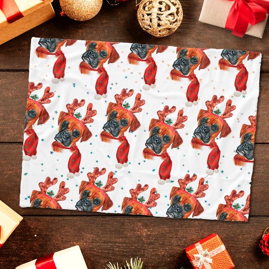 Schattige Boxerhond met Rendierhoorns Kerstmis Fleece Deken