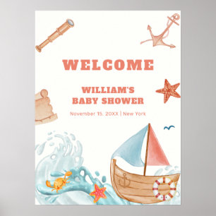 Schattige Boy Adventure Sailboat Baby shower Welko Poster