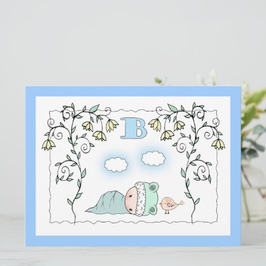 Schattige Boy Baby shower nodigt Baby en Bird uit Kaart (Staand voorkant)