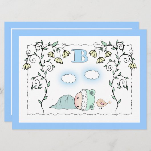 Schattige Boy Baby shower nodigt Baby en Bird uit Kaart (Voorkant / Achterkant)