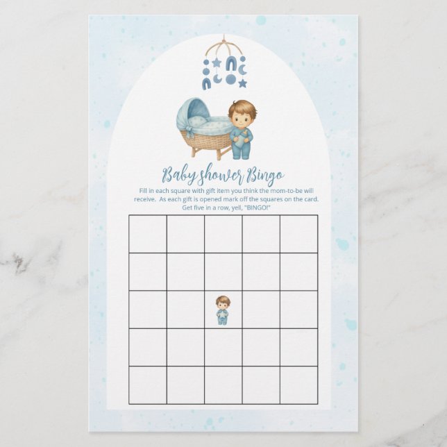 Schattige Boy Blue Baby shower Bingo spel (Voorkant)
