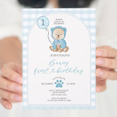 Schattige Boy Blue Gingham Balloon Beary Eerste Ve Kaart