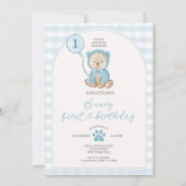 Schattige Boy Blue Gingham Balloon Beary Eerste Ve Kaart (Voorkant)