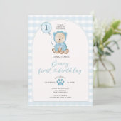 Schattige Boy Blue Gingham Balloon Beary Eerste Ve Kaart (Staand voorkant)