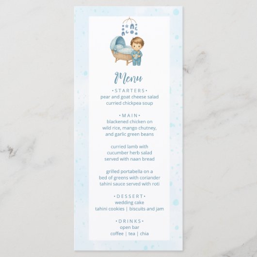 Schattige Boy Blue Nursery Baby shower Party Menu (Voorkant)