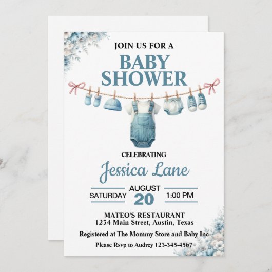 Schattige Boy Clothesline Baby shower Uitnodiging (Voorkant / Achterkant)