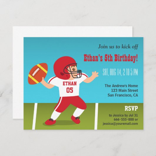 Schattige Boy Football Verjaardagsfeestje Uitnodig Kaart (Voorkant / Achterkant)