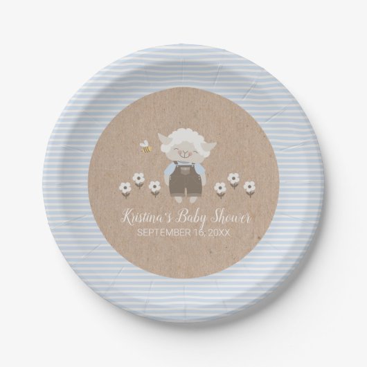 Schattige Boy Lamb Blue Kraft Baby shower Papieren Bordje (Voorkant)