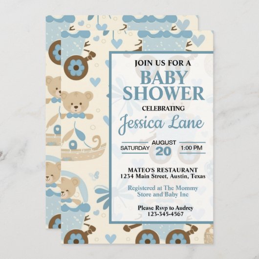 Schattige Boy Teddy Bear Baby shower Kaart (Voorkant / Achterkant)