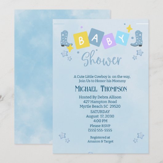 Schattige Boys Cowboy Baby shower Invitation Kaart (Voorkant / Achterkant)