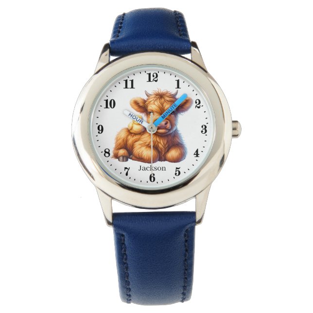Schattige Boys Highland koe Naam toevoegen Horloge (Voorkant)
