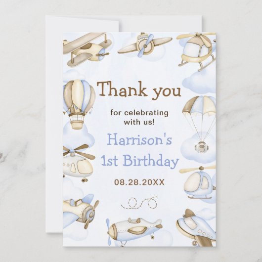 Schattige Boy's Vliegtuig Thema Bedankkaart (Voorkant)