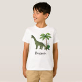 Schattige Brachiosaurus En Palmboom Met Kind Naam T-shirt (Voorkant volledig)