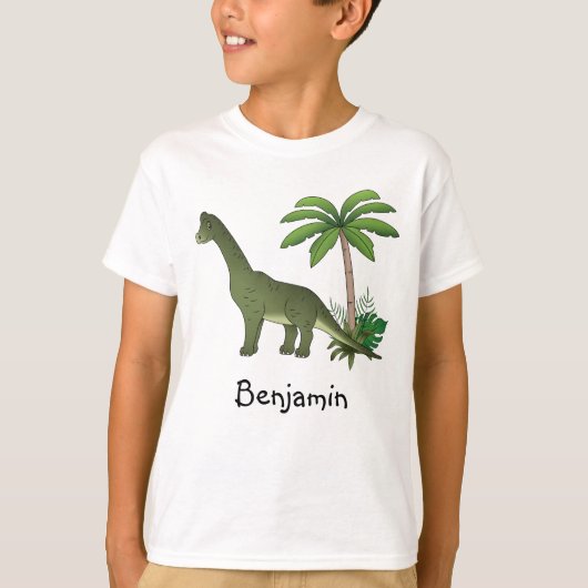 Schattige Brachiosaurus En Palmboom Met Kind Naam T-shirt (Voorkant)