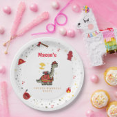 Schattige brandweerman Dino jarig Papieren Bordje (Feest)