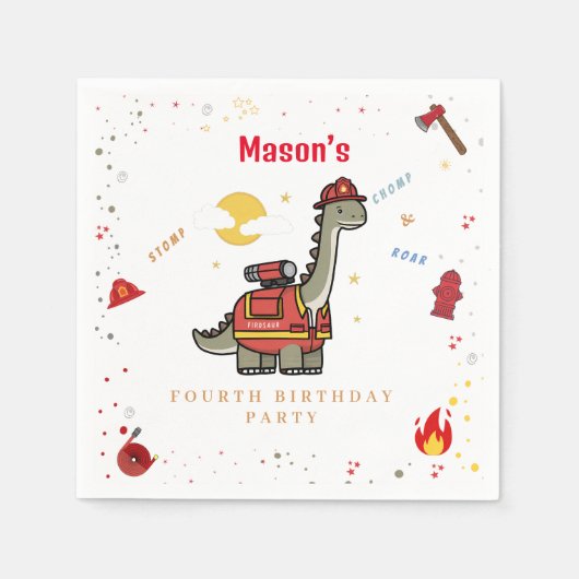 Schattige brandweerman Dino jarig Servet (Voorkant)