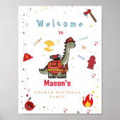 Schattige brandweerman Dino verjaardagsbord Poster (Voorkant)