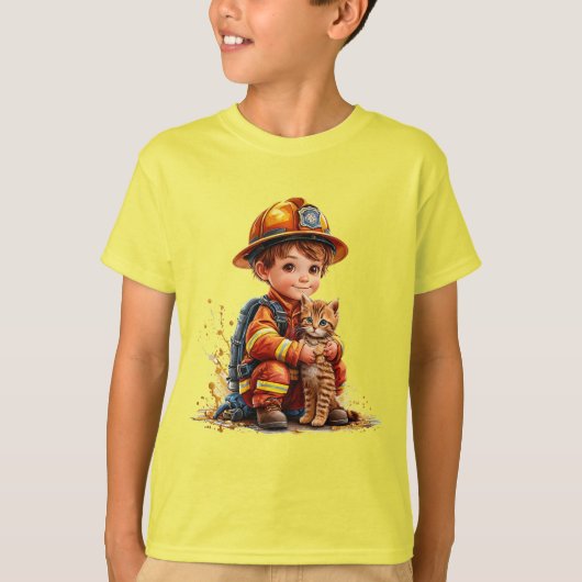 👨🚒🐱 Schattige brandweerman en kitten reddingsc T-shirt (Voorkant)