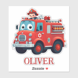 Schattige brandweerwagen en brandweerman sticker