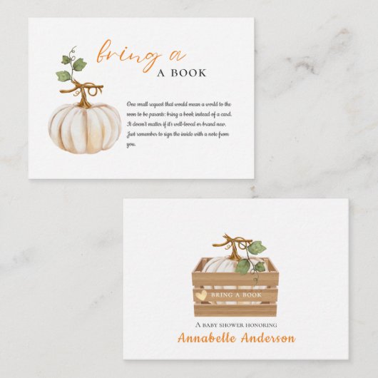 Schattige Breng een boek Pumpkin Baby shower Informatiekaartje (Voorkant / Achterkant)
