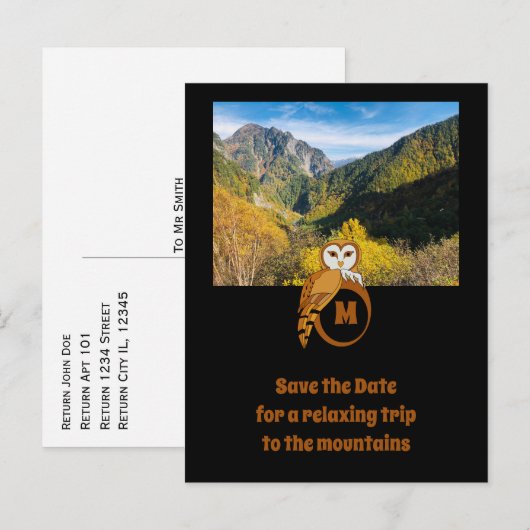 Schattige British Owl Nesting op Monogram Egg Foto Uitnodiging Briefkaart (Voorkant / Achterkant)