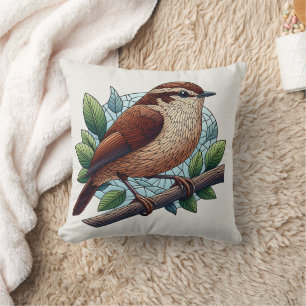 Schattige Brown Wren Glas in lood Look Kussen