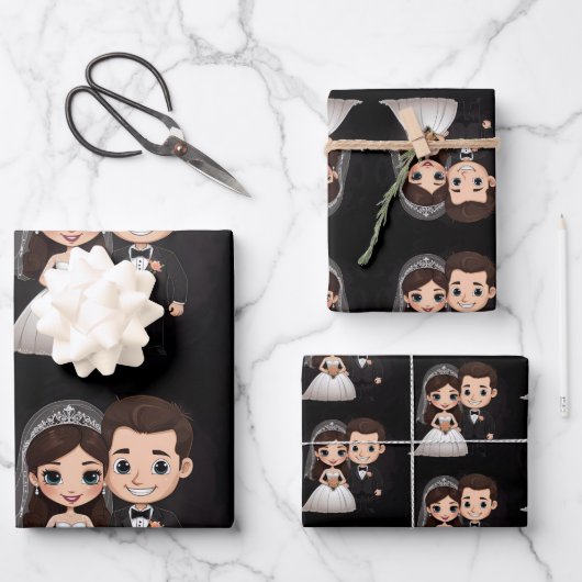 Schattige bruidspaar met vrolijke glimlach. inpakpapier vel (Voorkant)