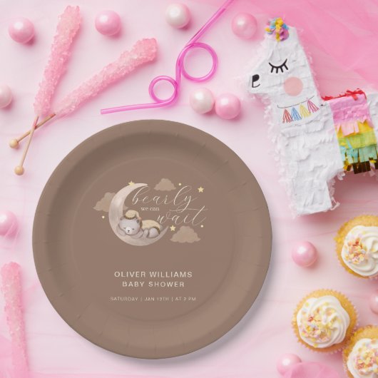 Schattige Bruin Barly Wait Moon Star Sleepy Beer Papieren Bordje (Feest)