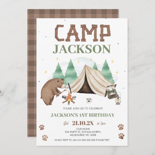 Schattige bruin Beer Camp thema 1e verjaardag Kaart (Voorkant / Achterkant)