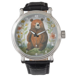 Schattige bruin Beer Dieren Bloemen Tuin Ontwerp Horloge