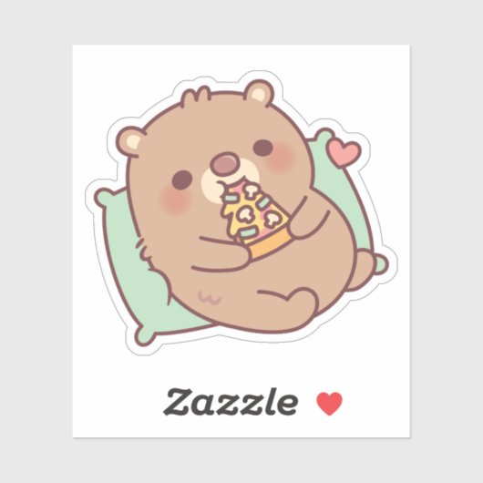 Schattige bruin Beer Eating Mushroom Pizza Sticker (Vel)