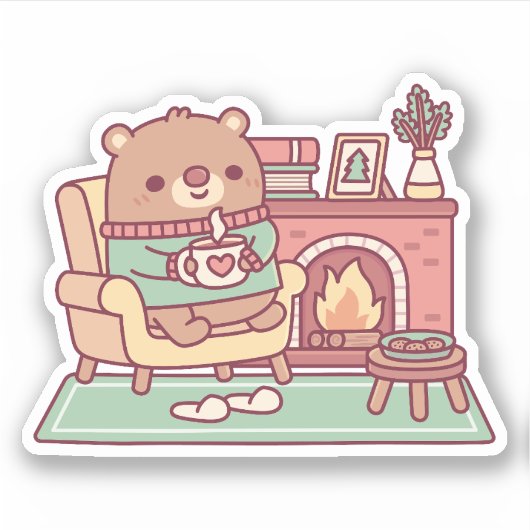 Schattige bruin Beer en gezellige open haard Sticker (Voorkant)
