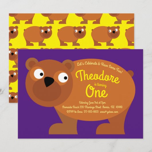 Schattige Bruin Beer Kinder 1e Verjaardagsfeestuit Kaart (Voorkant / Achterkant)