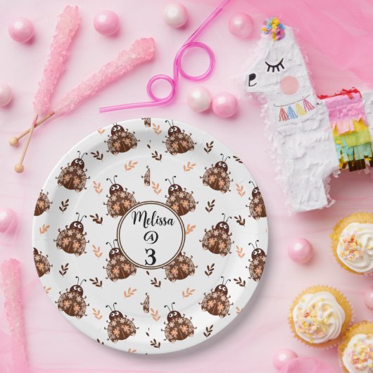 Schattige bruin en beige lieveheersbeestje en bloe papieren bordje (Feest)