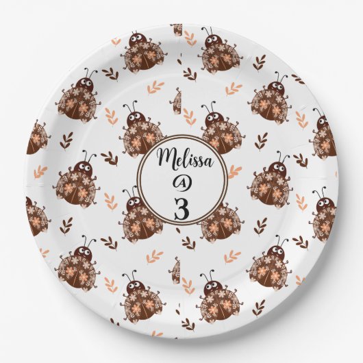 Schattige bruin en beige lieveheersbeestje en bloe papieren bordje (Voorkant)