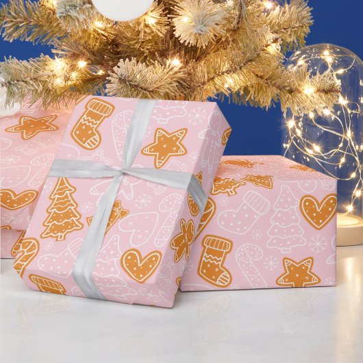 Schattige Bruin en Wit Koekje Roze Kerstmis Cadeaupapier (Feestdagen)