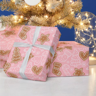 Schattige Bruin en Wit Koekje Roze Kerstmis Cadeaupapier