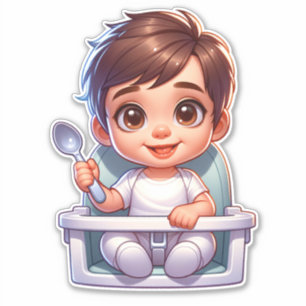 Schattige bruin eyed baby jongen met een lepel sticker
