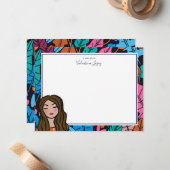 Schattige bruin haar Lady Cartoon Character Notitiekaartje (Voorkant / Achterkant in situ)