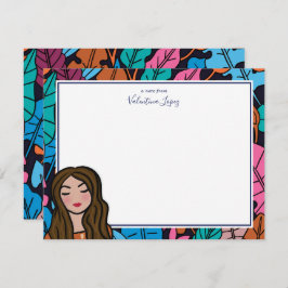 Schattige bruin haar Lady Cartoon Character Notitiekaartje