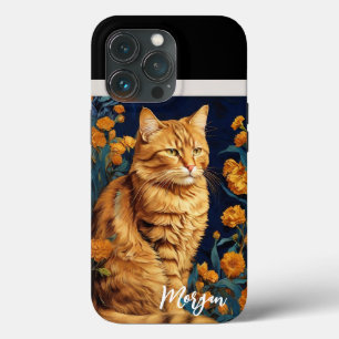 Schattige bruin kattengeel bloemenportret Van Gogh Case-Mate iPhone Case