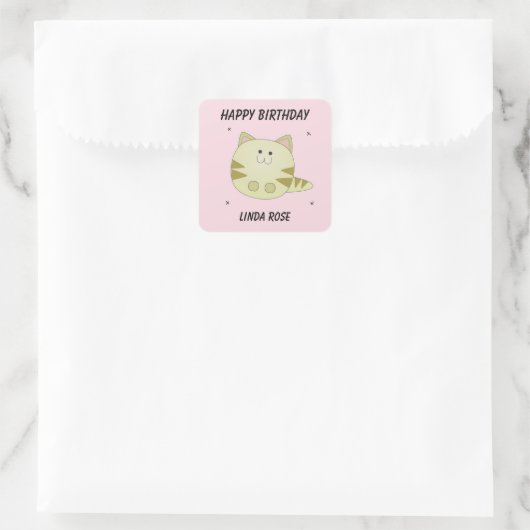 Schattige bruin kattenroze patroontje Happy Birthd Vierkante Sticker (Tas)